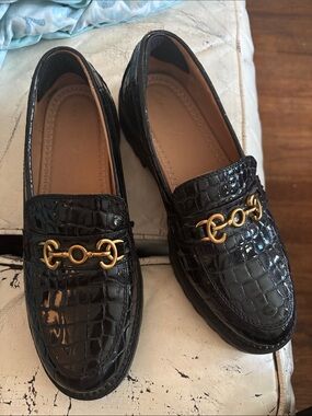 Patent Croc-Embossed Black Loafers with Gold Bit Accent